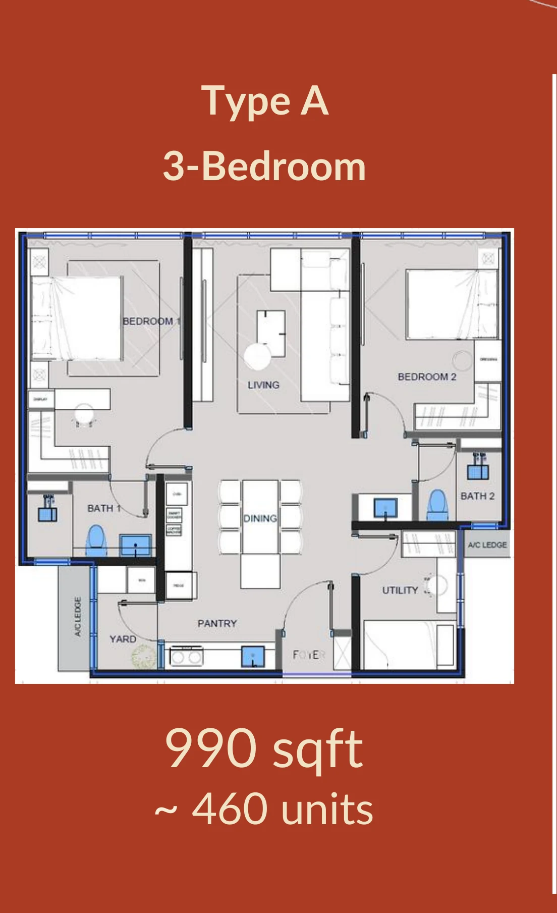 Amora Serviced Residence Type A three-bedroom 990 square foot floor plan preview from brochure