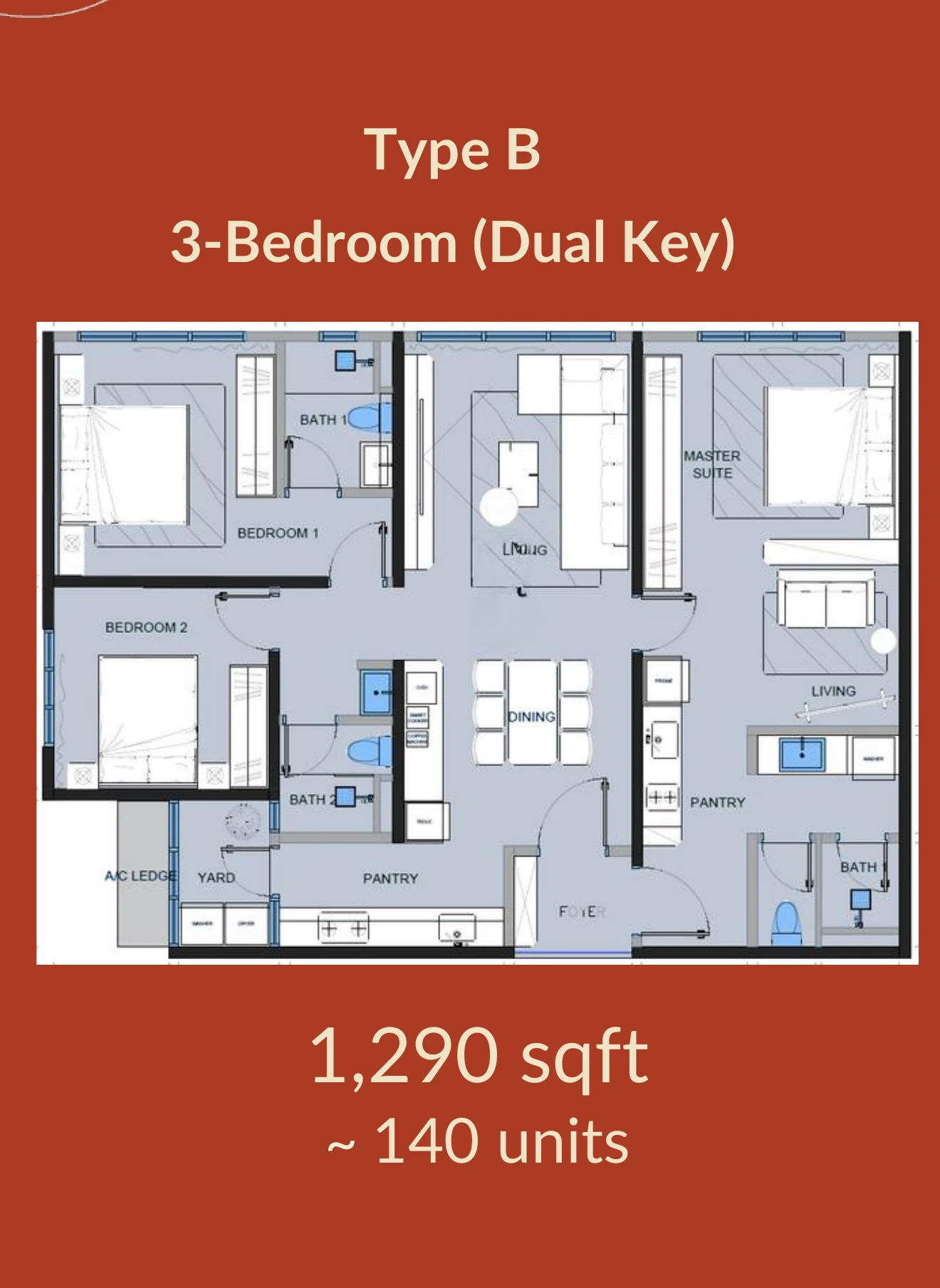 Amora Serviced Residence Type B three-bedroom dual-key 1290 square foot floor plan preview