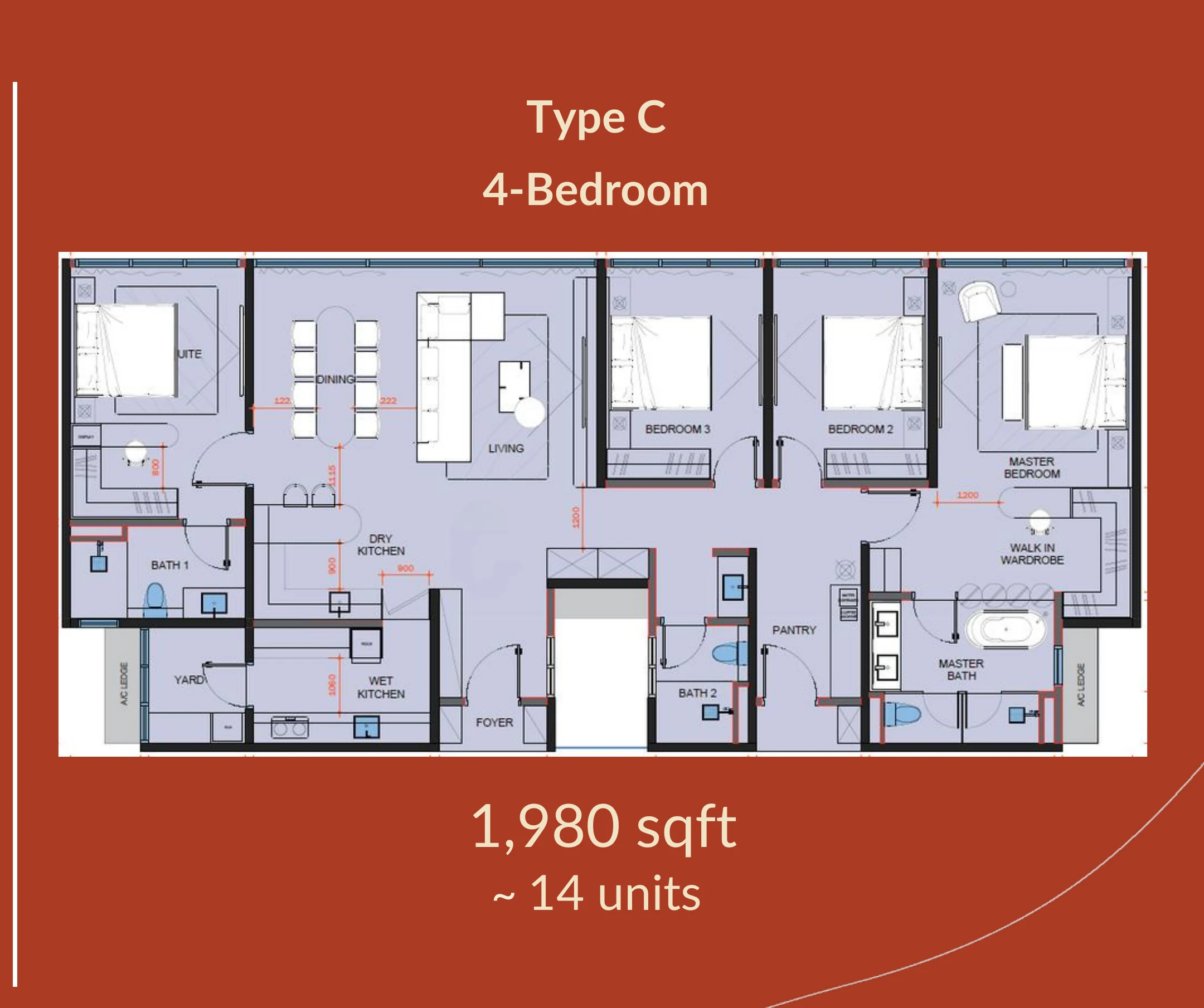 Amora Serviced Residence Type C four-bedroom 1980 square foot floor plan preview
