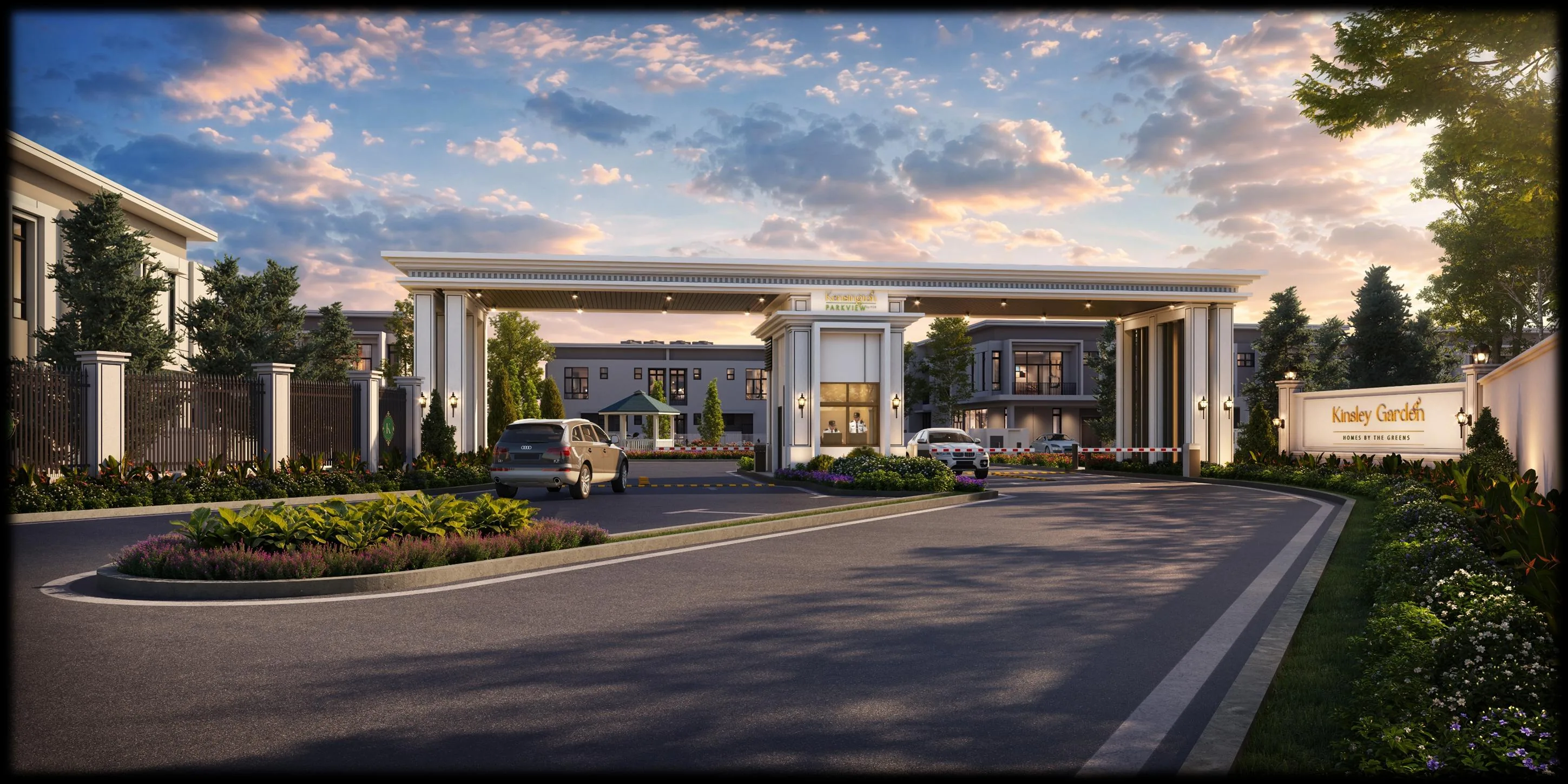 Developer rendering of the Kinsley Garden community entrance and guardhouse