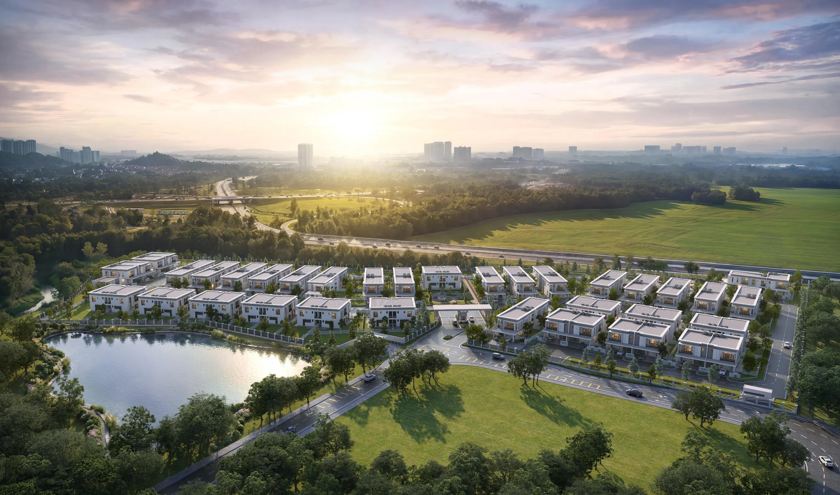 Aerial developer rendering of landscaped homes and green spaces at Kinsley Garden