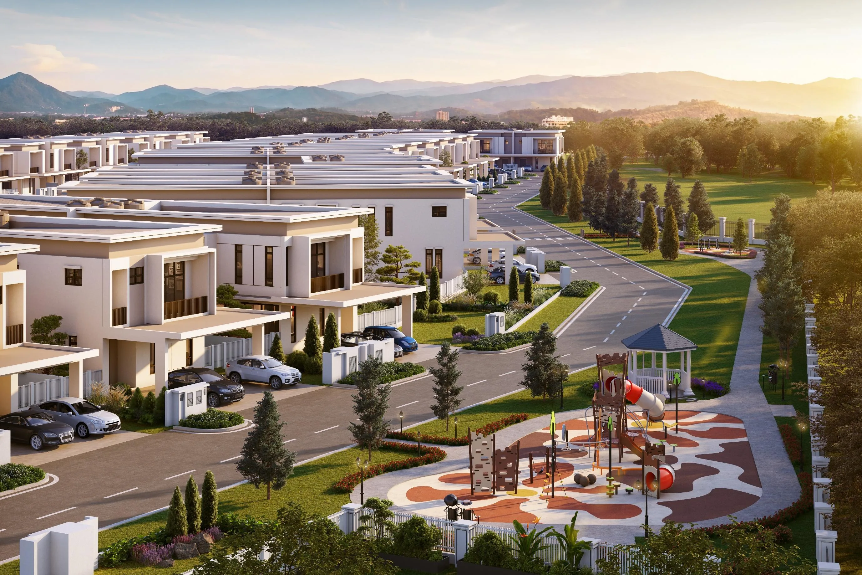 Artist's impression of Kinsley Garden homes beside a landscaped park and children's play area
