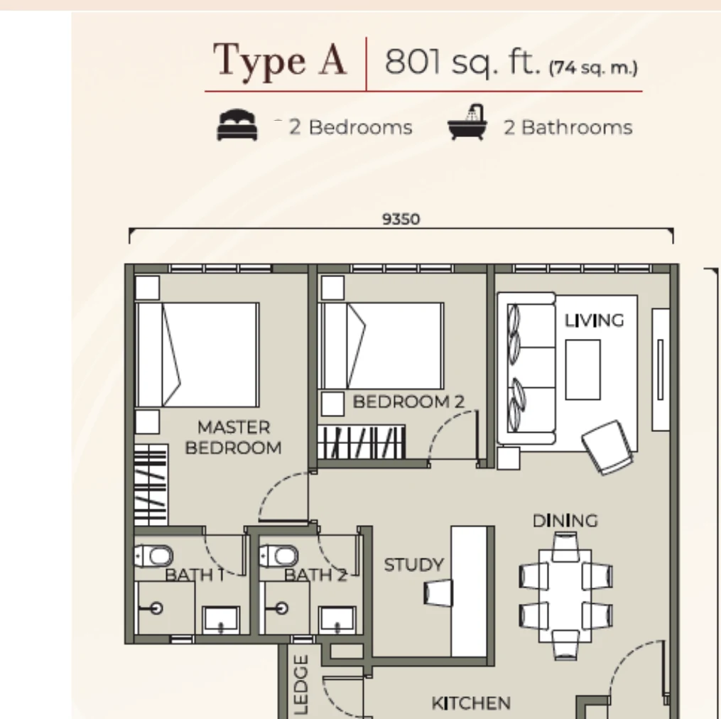 Mutiara Kempas Type A 801 square feet floor plan preview, 2 bedrooms and 2 bathrooms