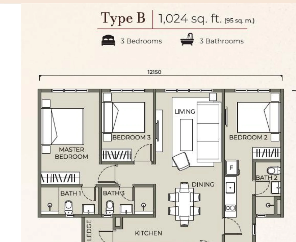 Mutiara Kempas Type B 1,024 square feet floor plan preview, 3 bedrooms and 3 bathrooms