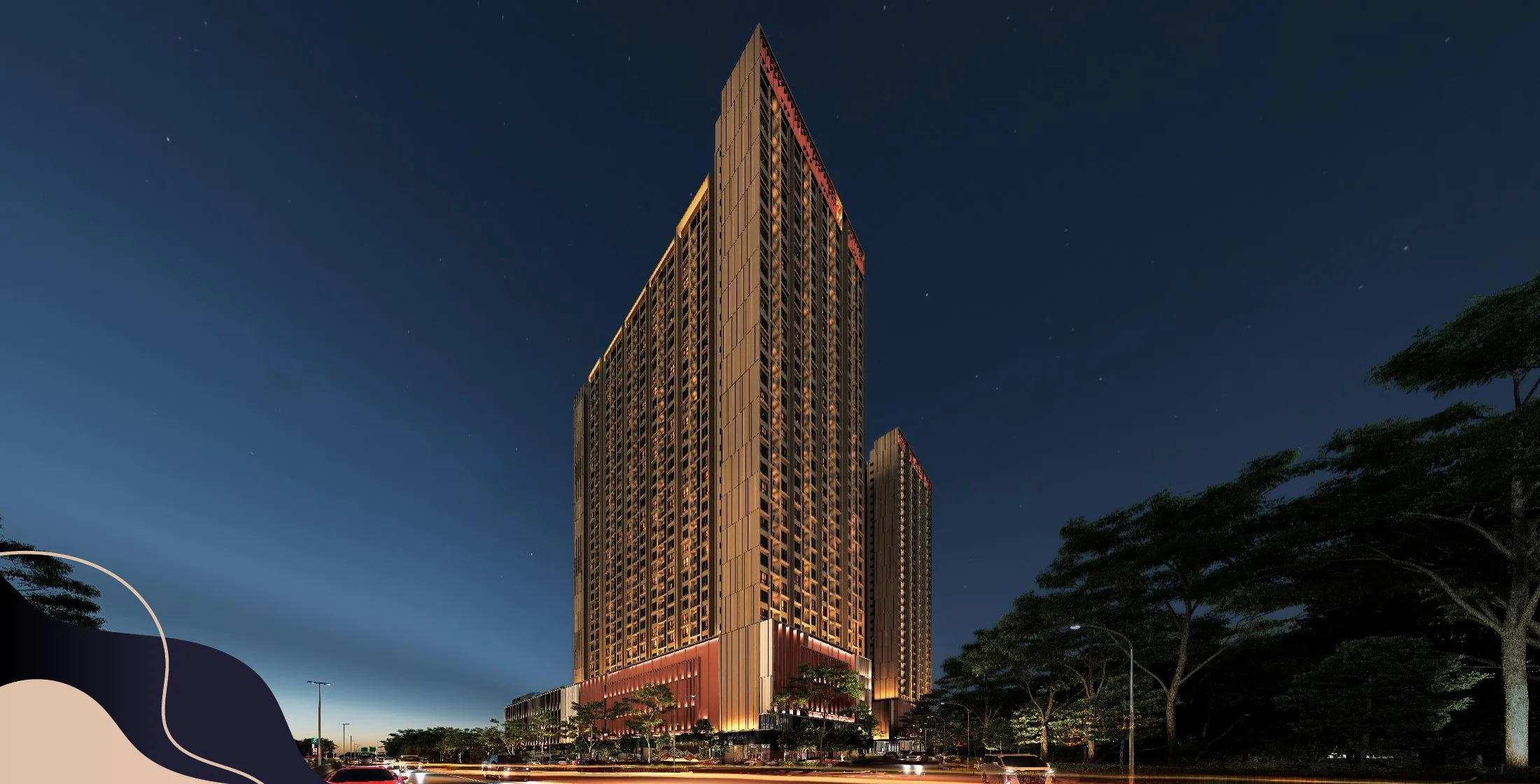 Night-time artist’s impression of Parkland By The River freehold serviced apartment towers in Permas Jaya, Johor Bahru
