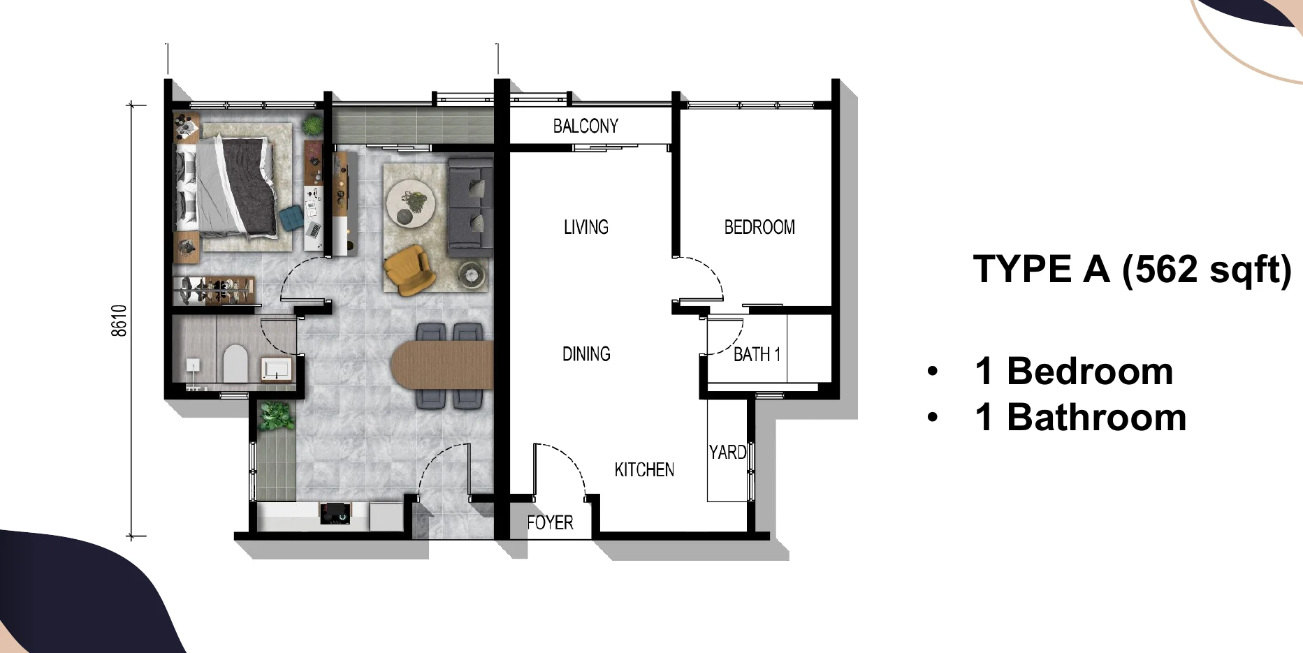 Parkland By The River Type A floor plan, 562 square feet, one bedroom and one bathroom