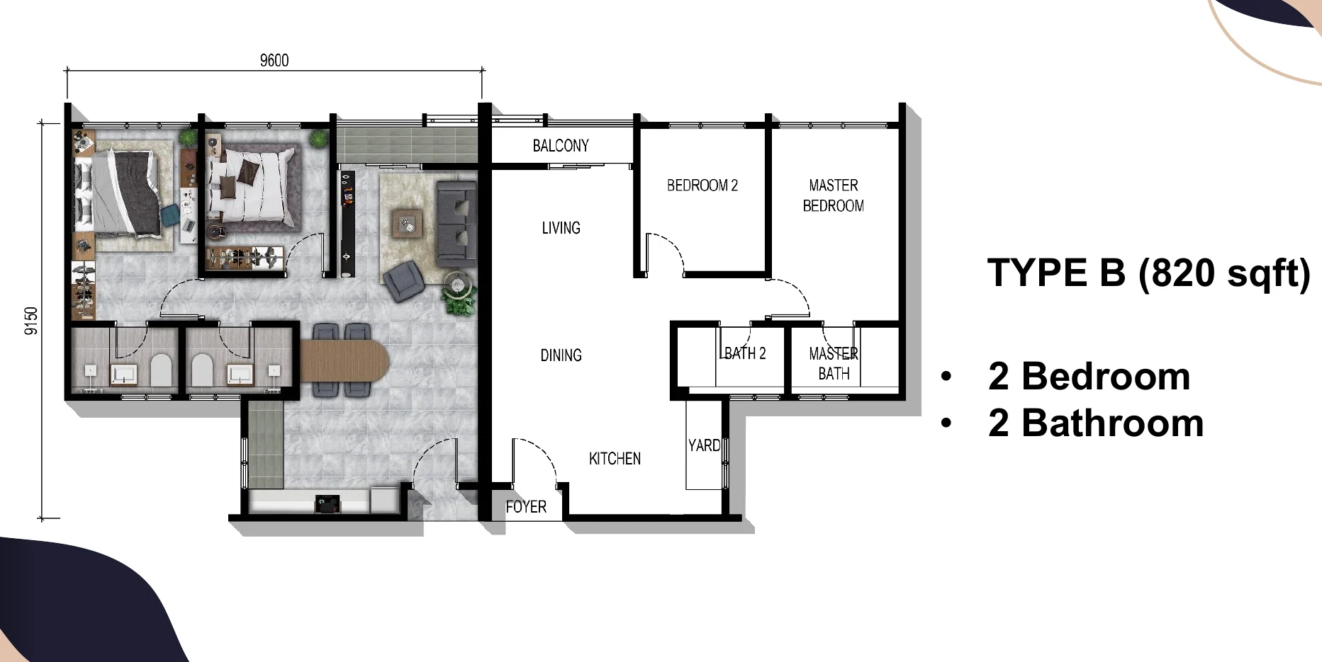 Parkland By The River Type B floor plan, 820 square feet, two bedrooms and two bathrooms