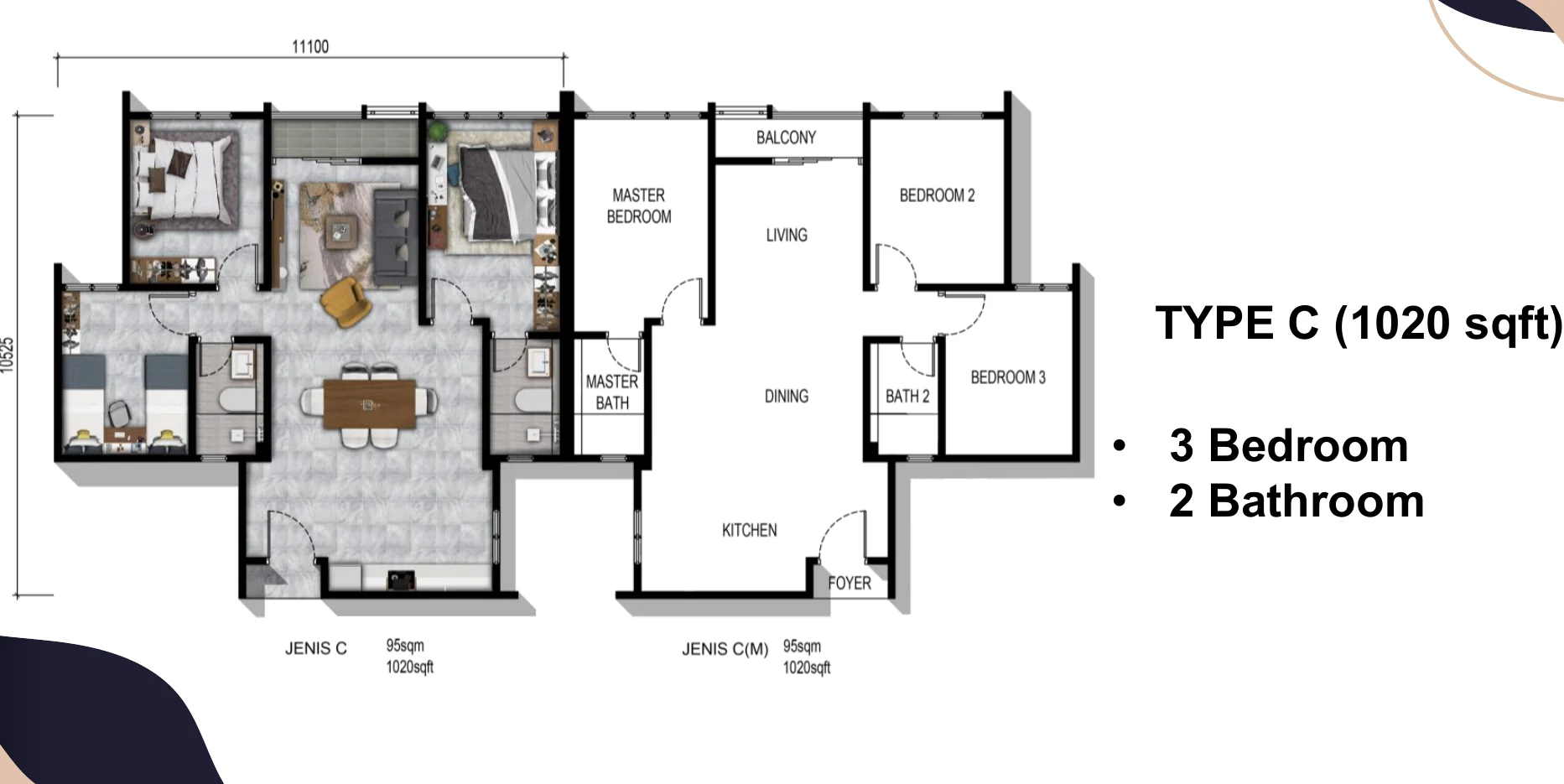 Parkland By The River Type C floor plan, 1,020 square feet, three bedrooms and two bathrooms