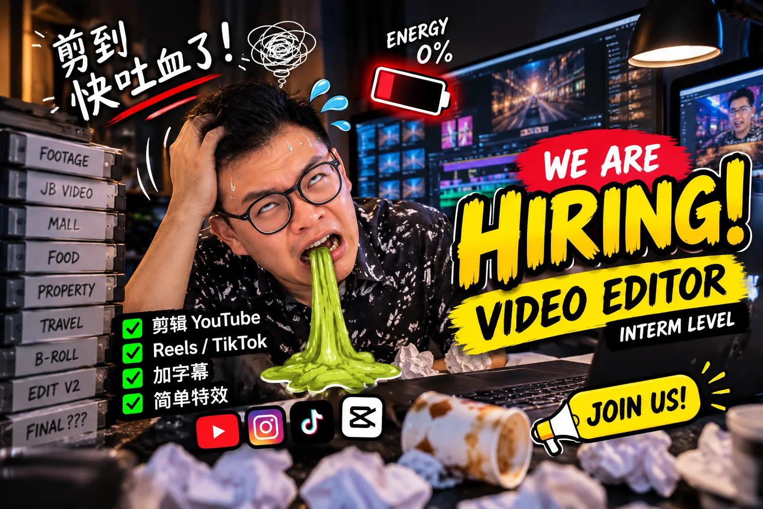 花哥视频剪辑实习生招聘创意海报：We are hiring video editor intern
